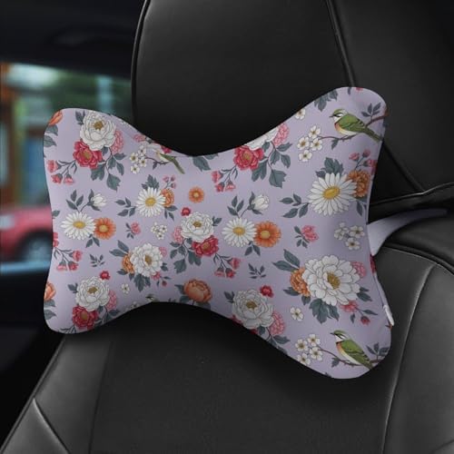 2 Pack Car Neck Pillow Floral Flowers Memory Foam with Adjustable Strap Breathable Removable Cover for Driving