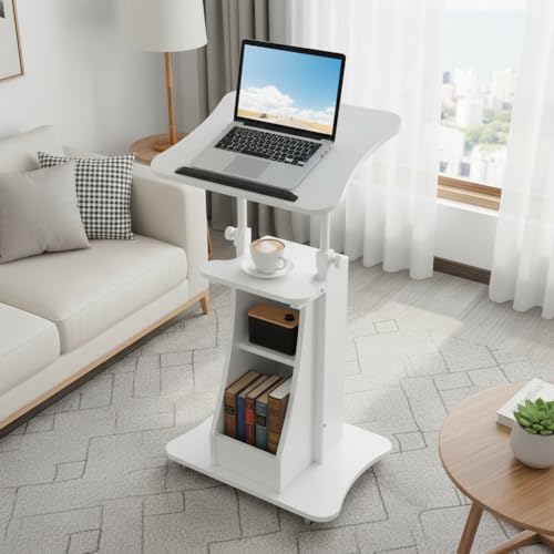 Tangkula Mobile Lectern Podium, Height Adjustable Podium Stand, Standing Sit-to-Stand Desk, Rolling Cart Laptop Desk with Swivel Top Movable Wheels & Storage
