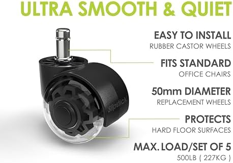 Slipstick 2 Inch Premium Rubber Office Chair Wheels (Set of 5) for All Hard Surface Floors & Carpet, Heavy Duty Twin Rollerblade Chair Replacement Caster Wheels with Universal Fit 7/16 Inch Stem