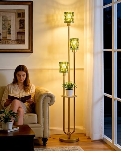 Lightdot Green Glass Floor Lamp with Table Farmhouse Modern Gold Floor Lamp
