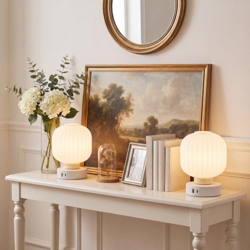 Elenhome Touch Bedside Glass Table Lamp Set of 2 with 3 Way Dimmable Light, Small Table Lamps with USB C+A Charging Ports - Bedroom Nightstand & Living Room Essential, Bulb Included