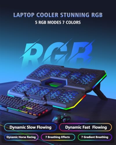 Laptop Cooling Pad with 10 Fans, Gaming Laptop Fan for 12-18.1 Inch, Laptop Cooler Stand with 7 Adjustable Heights, RGB Light & USB Type-C Notebook Cooling Pad