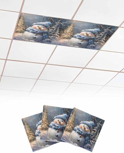 Blue Snowman Magnetic Fluorescent Light Covers for Ceiling Lights 2 x 4 Feet,Christmas Tree Shabby Chic Forest Painting Office Classroom Kitchen Drop Ceiling Light Covers Filters Shade Panel 3 Packs
