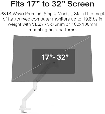 Pixio PS1S Wave White Single Monitor Arm Stand Desk Mount - Fits up to 32 inches Monitors and up to 19.8lbs. VESA Compatibility and Integrated Cable Management
