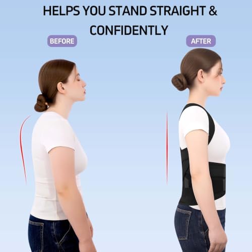 Posture Corrector for Women and Men, Full Back Brace for Posture Support, Adjustable Shoulder Straightener with Waist Belt, Breathable Upper Back Brace for Hunchback Posture, Daily Back Support Black, Medium