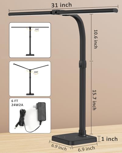 AKRRYR LED Desk Lamp for Home Office, Double Head 24W with Base, Architect Light 5 Lighting Brightness Flexible Gooseneck Table Reading Study, Black