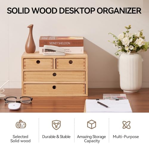 KIRIGEN Wood Desk Organizer with 4 Drawers, Desktop Storage, Natural 34-NA