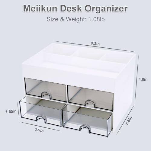 Meiikun Desk Organizer, Office Organizer with Drawer, Desk Accessories & Workspace Organizers, Pen Holder Office Supplies for Desk (4 Drawers+4 Compartments, White)
