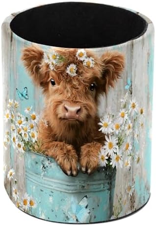 Leather Pen Holder for Desk, Highland Cow Flower Pencil Cup Pen Organizer Makeup Brush Holder for Office Home Kids Countertop Desk Accessory Storage