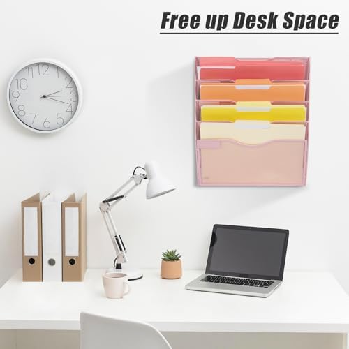 EASEPRES 5 Pocket Mesh Hanging Wall File Organizer, Wall Mounted Mail Paper Document Folder Holder, Clipboard Storage Organization Magazine Rack with Nametag Label for Office Home School, Pink