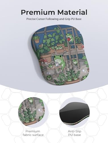 Kawaii Frog Ergonomic Mouse Pad for Carpal Tunnel Pain Relief, 65% Usable Mouse Area in Compact Size, Memory Foam Concave Wrist Rest for Office, PC, Gaming