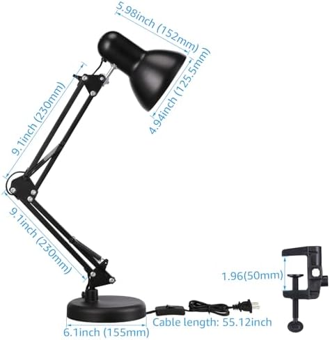 TORCHSTAR Metal Desk Lamp, Adjustable Swing Arm, E26, Black (Pack of 2)