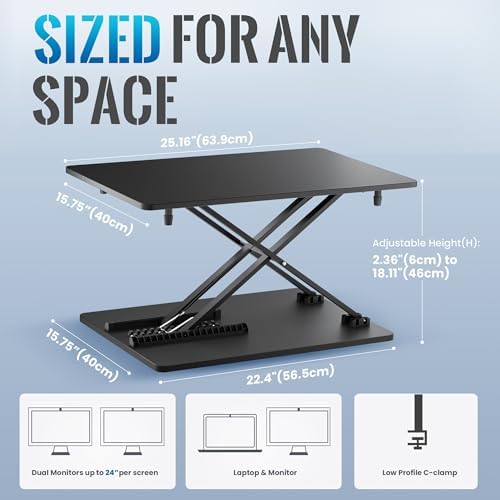 Standing Desk Converter, 25.16" × 15.75" Height Adjustable Laptop Stand for Desk, Sit Stand Monitor Stand, No Assembly Required for Home and Office Use (Black)