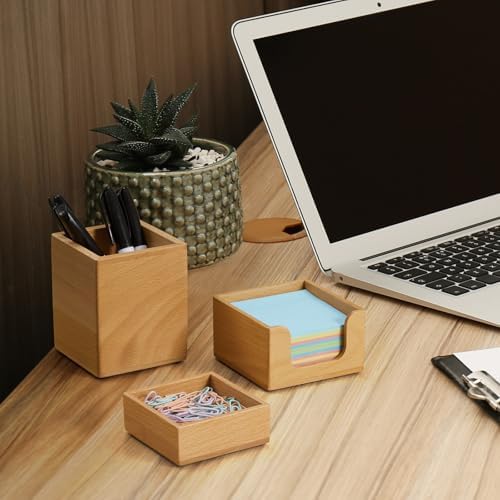 Desk Organizer Set of 3 - Wood Office Desk Accessories - Desk Organizers and Accessories for Women Men - Set incl. Pencil Pen Holder, Paperclip Storage and Sticky Note Holder