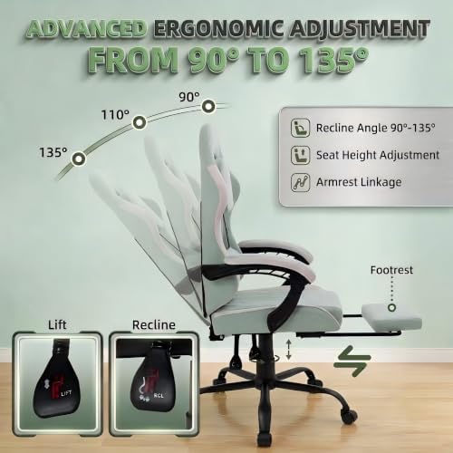 Video Gaming Chair, Ergonomic Office Chair with Footrest, Lumbar Support and Linkage Armrests, Swive Home Video Game Chairs for Adults, Mint Green