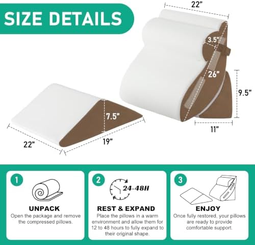 4PCS Wedge Pillow Set for After Surgery, Orthopedic Bed Wedge Pillow for Back Pain Relief, Sitting Up in Bed, Acid Reflux, Adjustable Post Surgery Pillows for GERD, Snoring, White/Brown