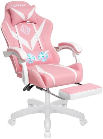 Pink Gaming Chair with Massage Footrest Ergonomic Computer Chair for Girls