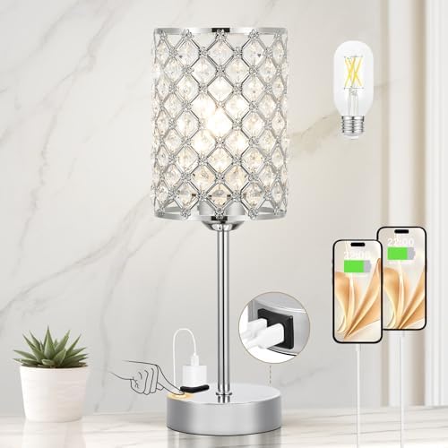 Sliver Crystal Table Lamp with Touch Control, Bedside Lamp for Nightstand