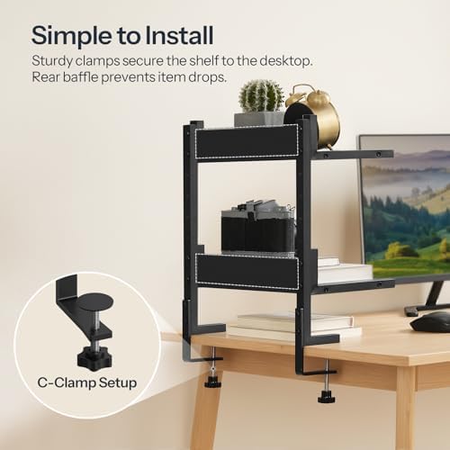 HOOBRO Clamp On Desk Shelf, 2-Tier Desktop Organizer, Space-Saving Desk Shelf with Adjustable Shelves, for Office, Study, Entertainment Accessories, Black BK32SJ01