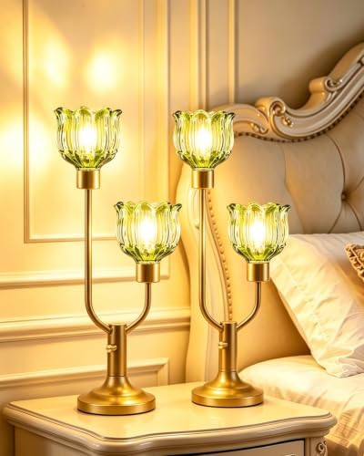 Lightdot Mid Century Modern Table Lamps Set of 2 Dimmable Green Glass Lamp