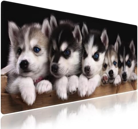 Cute Siberian Husky Puppies in Wooden Crate Large Mouse Pad, Pets Desk Mat