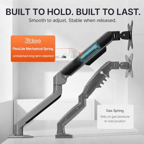 3IDEE FlexiLite Single Monitor Arm Desk Mount for 17-32" Screens, Holds up to 20 lbs, Slim Aluminium Design, Fully Adjustable & Flexible, Quick Box to Desk Setup, Clamp/Grommet Base, VESA 75/100