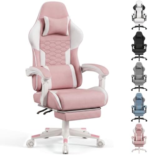 LUCKRACER Gaming Chair with Footrest and Pocket Spring Cushion, 90°-155° Reclining Ergonomic Computer Chair, 4" Height Adjustable, Lumbar Support, SGS Class 3 Gas Lift, Pink