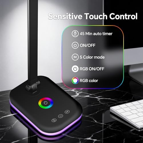 Bright LED Desk Lamp for Office Home, 10%-100% Dimmable Brightness & 5 Color, 800 Lumen Puzzle Light, Eye Caring Desk Light for Reading, Craft, Puzzl, Daily Use | USB desk lamp | 45 Min Timer | RGB