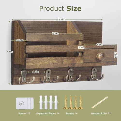 Key Holder Wall Mount, Wooden Key and Mail Organizer, Brown