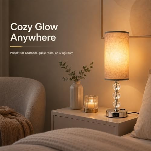 Crystal Table Lamp 14.6", 3-Way Dimmable with Touch Control, USB Charging Ports & AC Outlet, Bulb Included, – 3000K Warm White for Bedroom Living Room