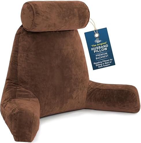 Husband Pillow XXL The Original for Adults - 30" Tall Backrest for Sitting Up in Bed - Firm Support Reading & Bed Rest Pillows for Adults, Neck Roll, Removable Cover - TV - Chocolate