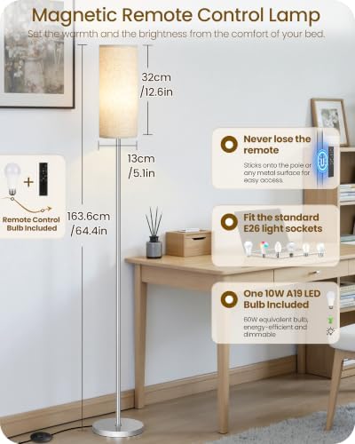 Dimmable Floor Lamps for Living Room with Remote and Foot Switch, 64.4” Modern Standing Tall Lamp, Corner Lamp for Bedroom, Office, Bulb Included, 3000K-6500K, Beige and Silver, FCC Listed SE06LD05W1