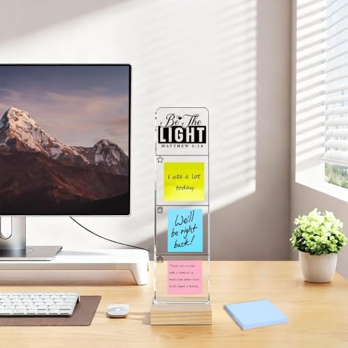 Sticky Note Holder,n Monitor Memo Board, Acrylic Post It Note Holder with Wooden Base, Includes 100 Notes, Desk Organizer, Christian Quote “Be The Light Matthew 5:14”