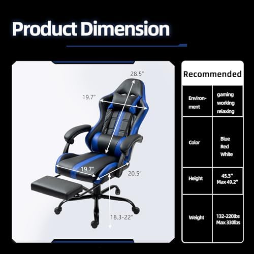 Gaming Chair with Ergonomic Footrest & Massage Lumbar Support, Blue