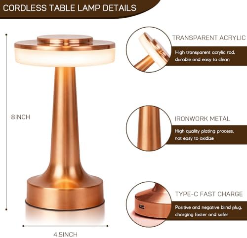 JHPGEOE Cordless Metal Desk Lamp, Touch Sensor Control LED Table Lamp,3 Color Stepless Dimmable Battery Powered Lamp for Living Room, Dorm, Home Office (Rose Gold)