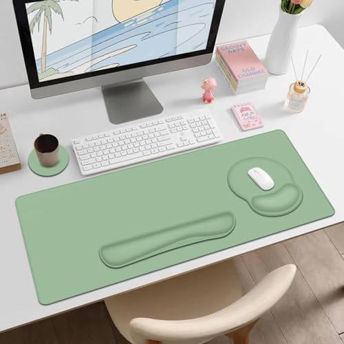 4 PCS Mouse Pad Desk Mat Protector, Keyboard Wrist Rest + Comfortable Mouse Pad with Wrist Rest +Coaster, Large Gaming Mousepad for Computer Laptop, 35.4" X15.7" Deskpad for Office Home I Sage Green