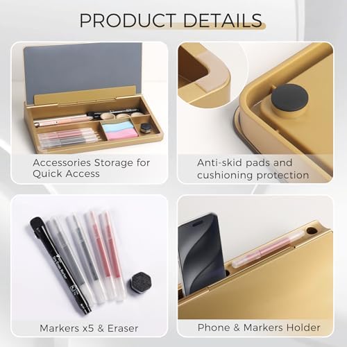 TOWON Compact Glass Desktop Whiteboard with Storage 12x7 in, Metallic Gold
