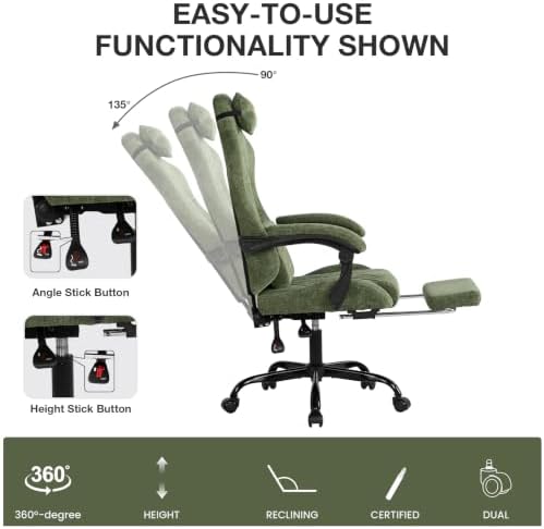 Gaming Chair Fabric with Footrest for Office and Home 300 LBS Green