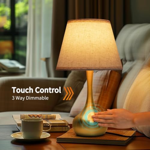 ONEWISH Touch Table Lamp for Bedroom, 3-Way Dimmable Gold Bedside Lamps for Nightstand with Fabric Shade,17.32'' Desk Lamp for Kids Reading, Home Office
