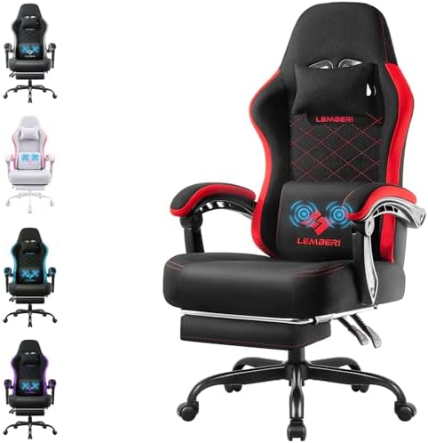 LEMBERI Gaming Chair, Fabric Big and Tall Video Game Chairs with Footrest, Massage Lumbar Support, Racing Style Ergonomic Computer Gamer Chair with Adjustable Headrest (Red)