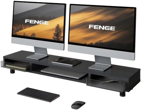 Fenge Dual Monitor Riser with 2 Drawers, 42.5in Long Desk Shelf, Black