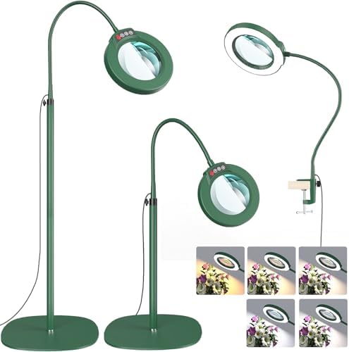 15X Magnifying Glass with Light and Stand, Optical Grade Real Glass Lens, 5 Color Modes, Stepless Dimmable, 24" Flexible Gooseneck 3-in-1 Floor Lamp, LED Lighted Magnifier Hands Free for Hobby - Green