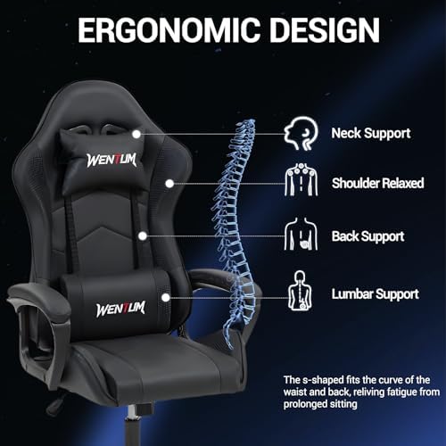 Massage Gaming Chair, Ergonomic PC Desk Chair with Headrest and Massage Lumbar Support, Video Game Chair with Height Adjustable High Back for Home Office, Black, PU Leather