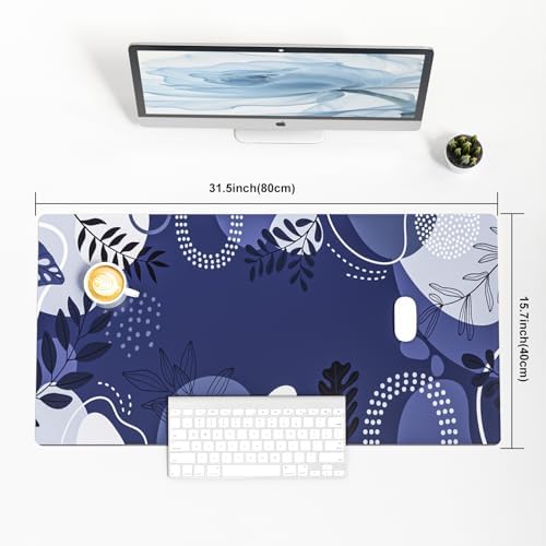Colorful Star Large Mouse Pad, Botanical Desk Mat Office Supplies, Waterproof Faux Leather Big Gaming Mousepad, Blue Tropical Plants Desk Pad Home Office Décor Accessories 31.5" x 15.7"