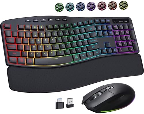 RGB Wireless Keyboard Mouse Combo with Ergonomic Wave, Silent Rechargeable