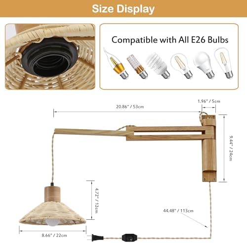 maesta Plug in Wall Lamp, Beachy Wood Swing Arm Wall Sconce for Bedroom