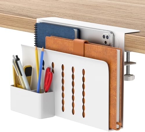 HAMOPY Desk Side Storage, Single-Layer Steel Hanging Desk Organizer with Magnetic Pen Holder, No Drilling Desk Drawer Cable Management Tray, Under Desk Laptop Holder for Office, School&Home(White)