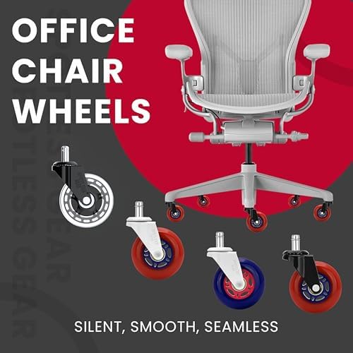 Upgraded Roller Blade Office Chair Wheels - 3 inch Ultra Smooth & Whisper Quiet Rolling Casters for Hardwood Floors & Carpet - Replacement Rubber Chair Casters - Heavy Duty - Set of 5