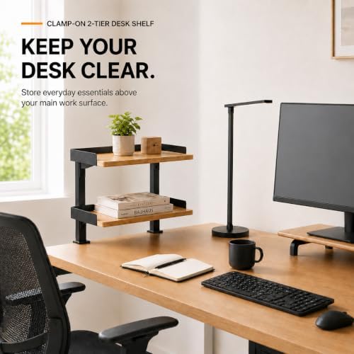 13" Clamp-On Desk Shelf, 2-Tier Bamboo Desktop Organizer