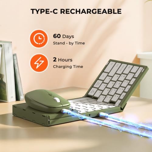 MEETION Foldable Bluetooth Keyboard and Mouse, Portable Combo Green